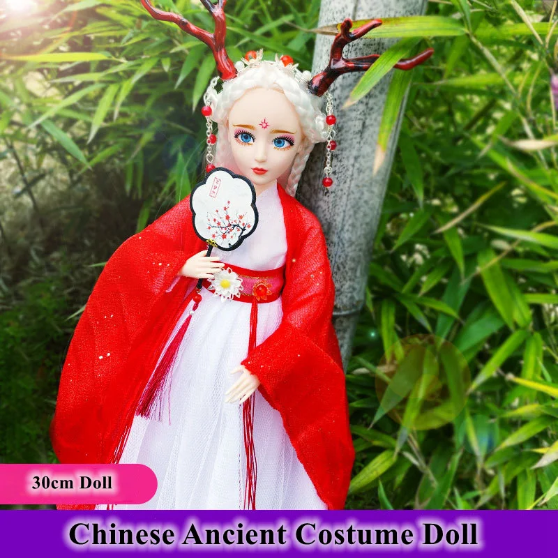 

1/6 Scale 30cm Ancient Costume Hanfu Dress Long Hair Fairy Elf Antlers Princess Barbi Doll Joints Body Model Toy Gift For Girl