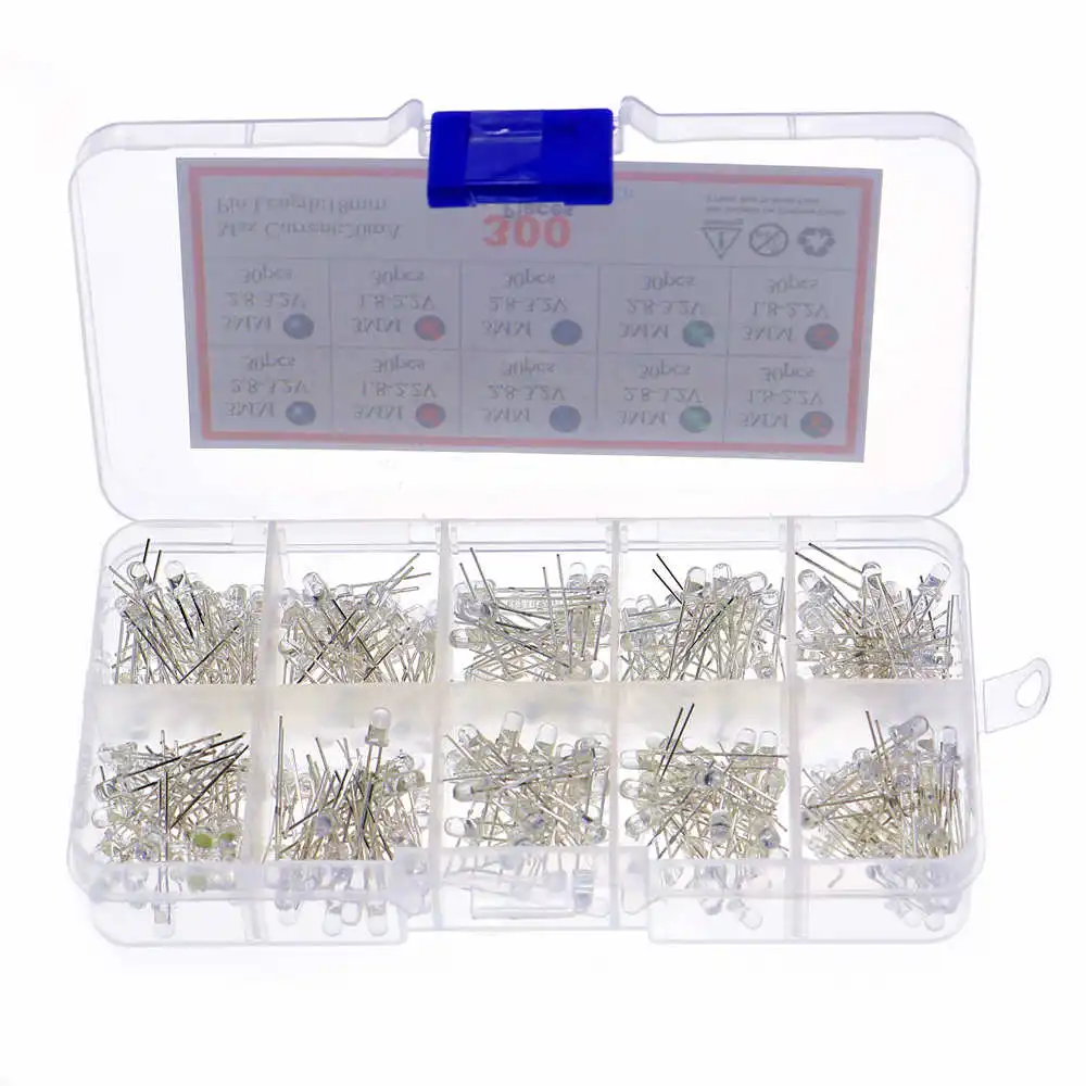 300pcs/Box 3MM 5 Color Assortment Round Clear Bright LED Light Emitting Diodes Lamp set