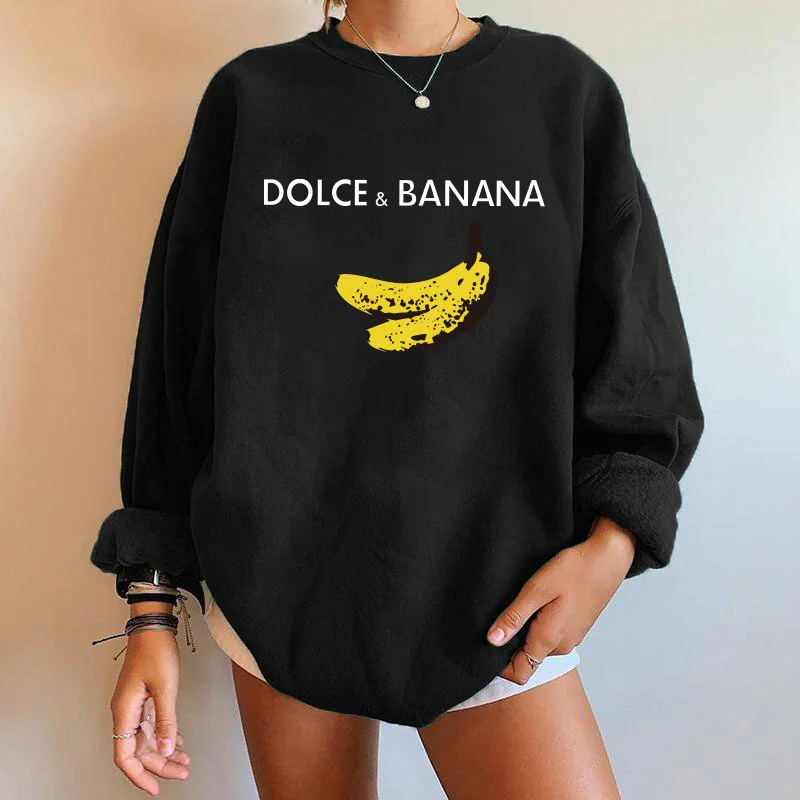 Winter Woman Sweatshirts Moletom Dolce&banana Print Women  Streetwear Round Neck Long Sleeve Drop Shoulder Loose