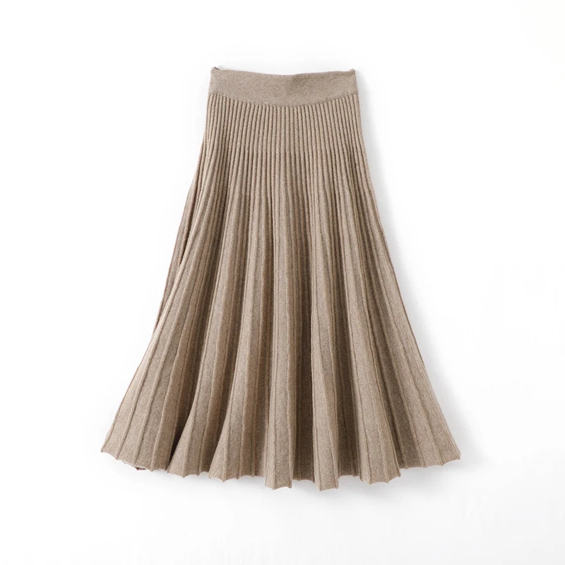 Solid Color Female Long Vintage WOOL Pleated Skirt Women Autumn Winter Elegant Fashion Ladies High Waist A line Skirt