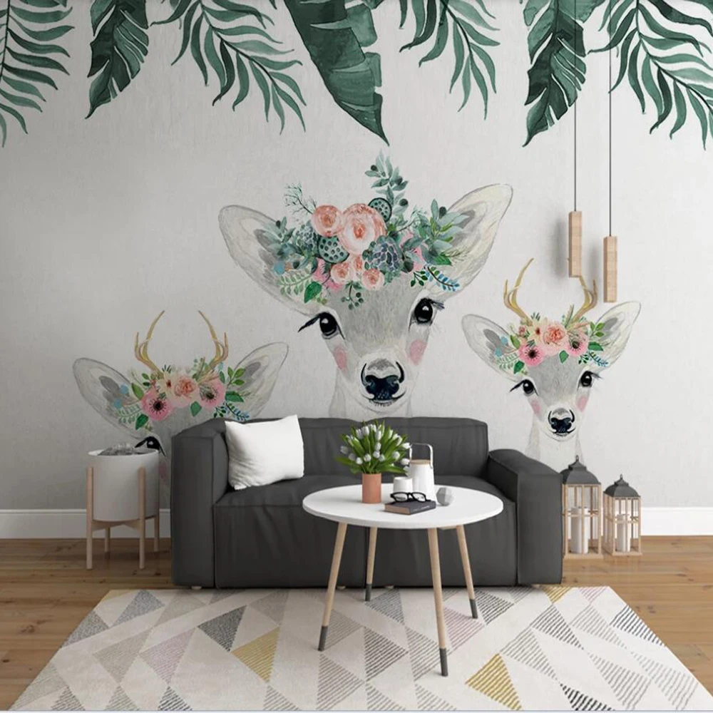 Milofi custom 3D wallpaper mural style hand-painted watercolor fawn flower plant children room background decoration wallpaper