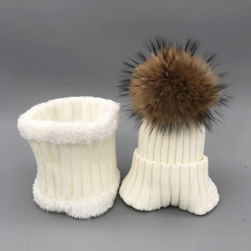 2022 winter hut set Jungen Mädchen Kinder Warme Fleece Liner Hüte set Winter Hut Für Kinder Baby 100% Fell Pompon skullies Beanies