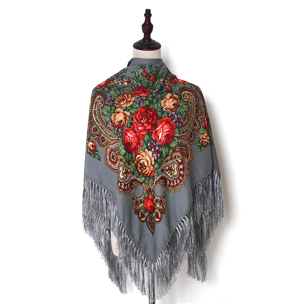 Ukrainian Babushka Scarf Fringed Handkerchief Russian Shawl Women Head Wrap Floral Hijab Scarves Square Blanket Tassel Retro