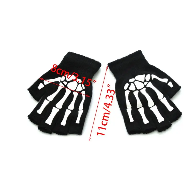 Maluch dzieci Halloween Cosplay szkielet czaszka pół palca rękawiczki świecące w ciemności Luminous Fingerless dzianiny zimowe rękawiczki M6CD