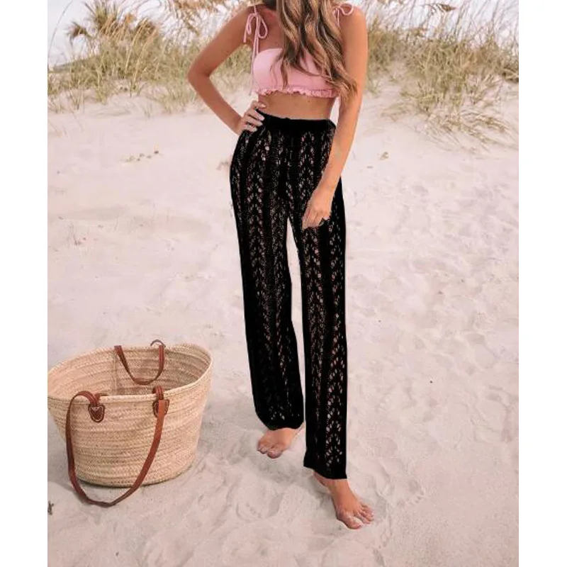 Women Sexy Hollow Out Design Pants, Solid Color Elastic High Waist Straight-leg Trousers,Beach Casual Pants, 7Colors,S/ M/ L/ XL