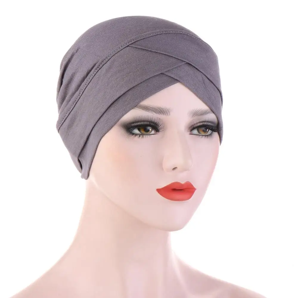 Solid color cotton forehead cross hijab caps for women India wrap head scarf Turban bonnet stretch Muslim hijabs bottom cap