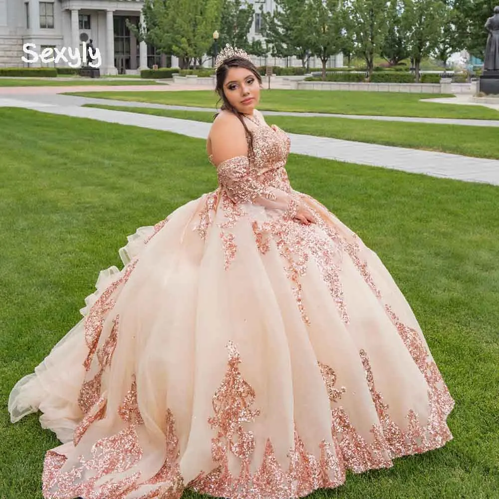 Robe de bal à paillettes Rose or scintillante, tenue de soirée élégante de princesse douce de 15 ans, grande taille, 2022