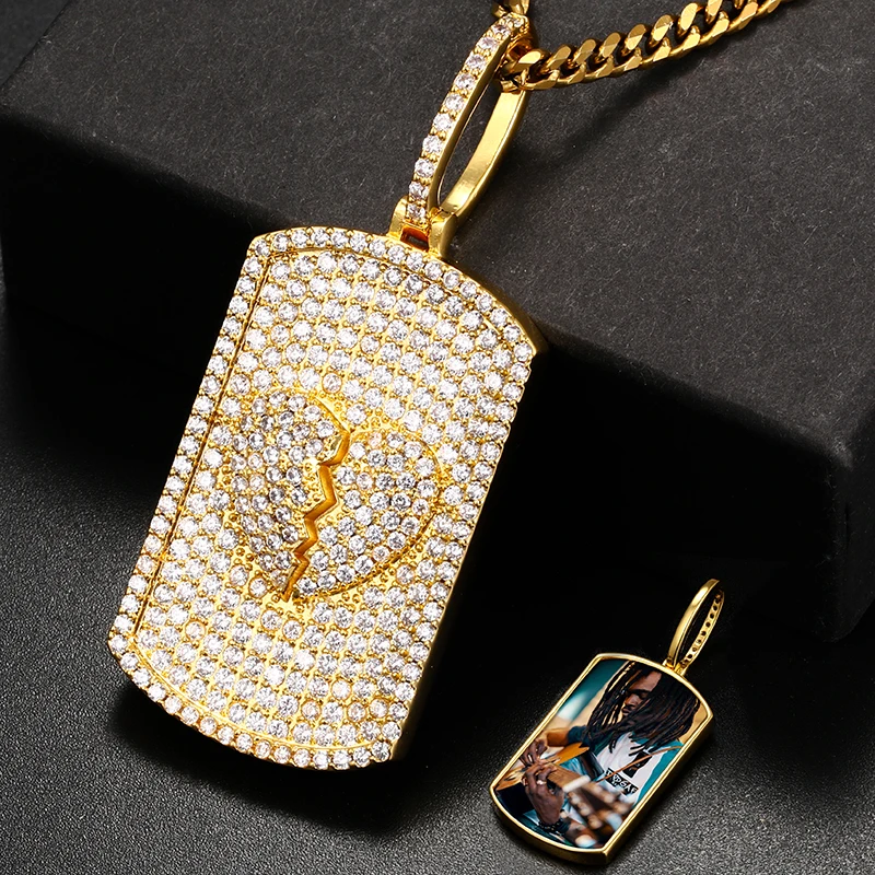 Personalized Jewelry Custom Photo Double Sided Pendant Necklace Medallions Rectangle Cubic Zircon Tag Women Men Hip Hop Jewelry