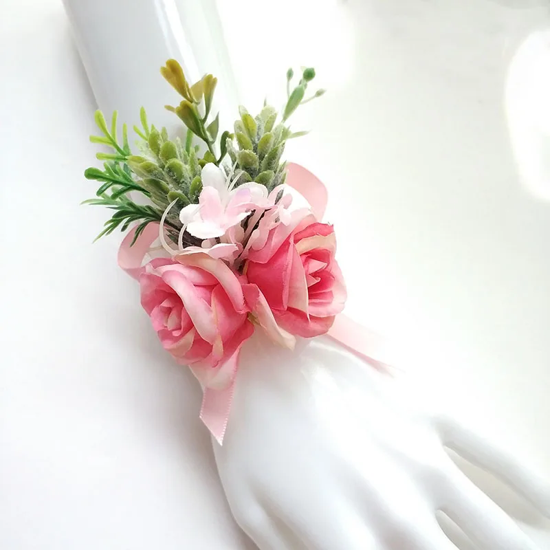 Pink Boutonniere Wedding Accessories Groom Corsage Bracelet Bridesmaids Flowers Artificial Roses Buttonhole Marriage Decoration