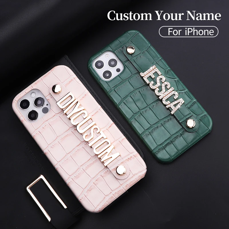 Custom Name Luxury Crocodile Leather Phone Case For iphone15 14 14Pro 14Plus 13Promax 13 12 11 Diamond Metal Letters Cover