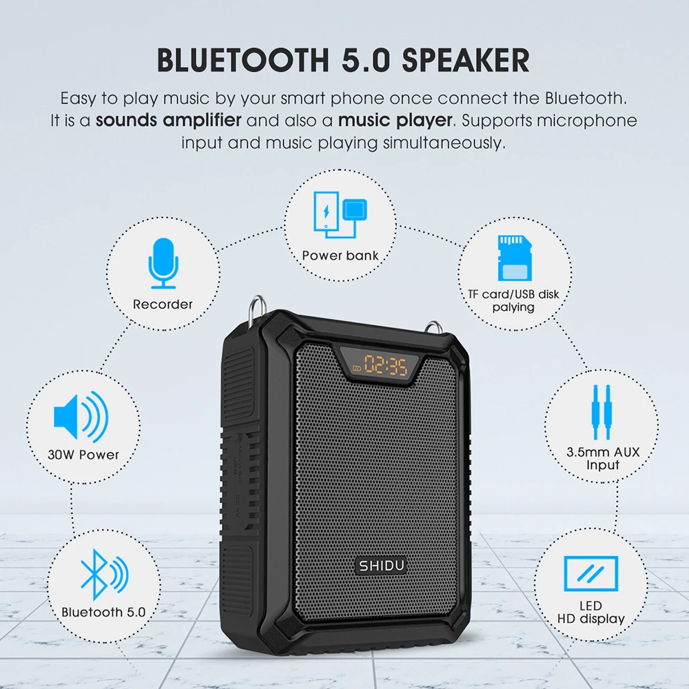 SHIDU 30W Portable Voice Amplifier with Wireless Microphone For Teachers IPX6 Waterproof Bluetooth5.0 Speaker 5000mAh Power Bank