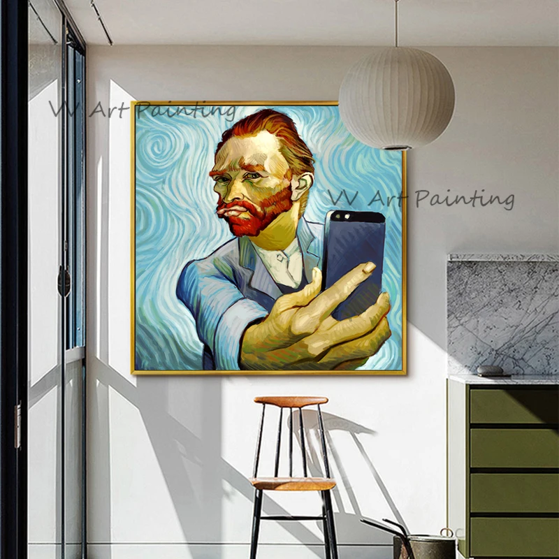 Funny Selfie Graphic Canvas Painting, 100% Handpainted Contemporary Swirl Background Art, Modern Bedroom Wall Decoration