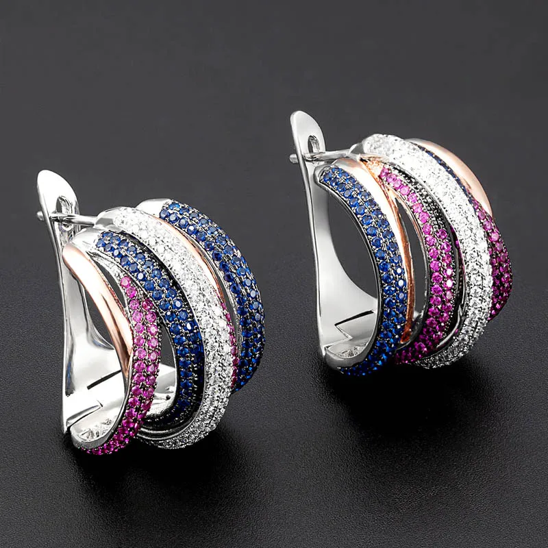 

Zlxgirl luxury brand women's wedding stud earrings jewelry metal mirco red blue clear cubic zircon bridal copper ears women ear