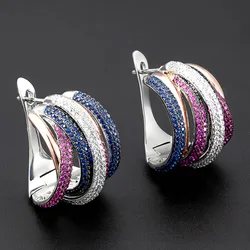 Zlxgirl luxury brand women's wedding stud earrings jewelry metal mirco red blue clear cubic zircon bridal copper ears women ear