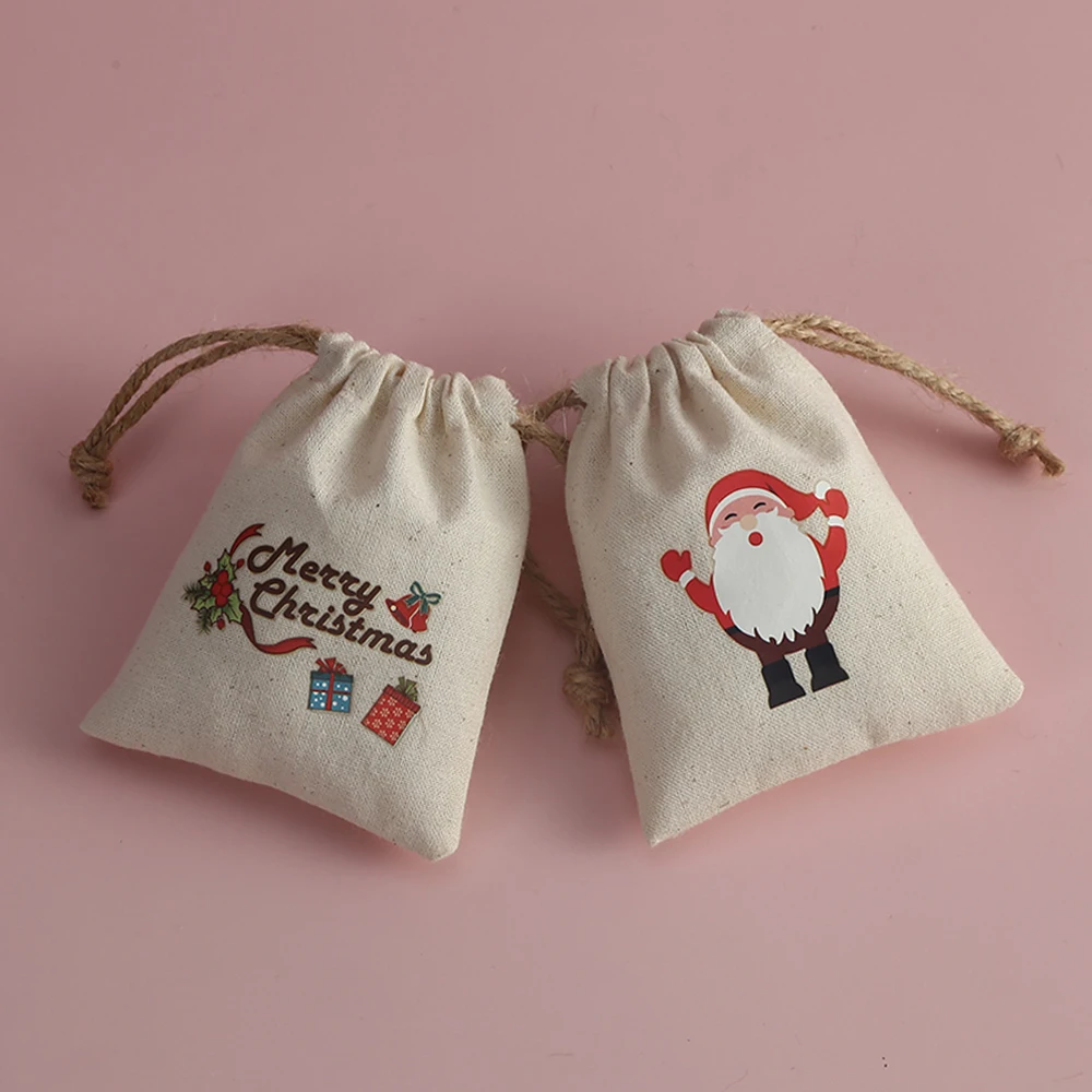 Cotton Canvas Jewelry Bag with Christmas Patten Jewelry Organizer Display Christmas Candy Gift Drawstring Bag Custom Present Pac