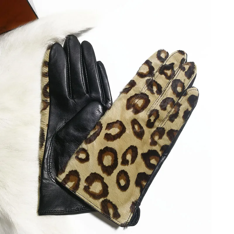 Women\'s autumn winter leopard genuine leather glove female natural leather touchscreen driving riding glove R1222