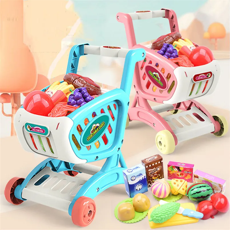 15PCS/set Supermarket Shopping Cart Toys Girls Simulation Trolley Push Car Cutting Food Fruit Pretend Play Kids Educational Toy