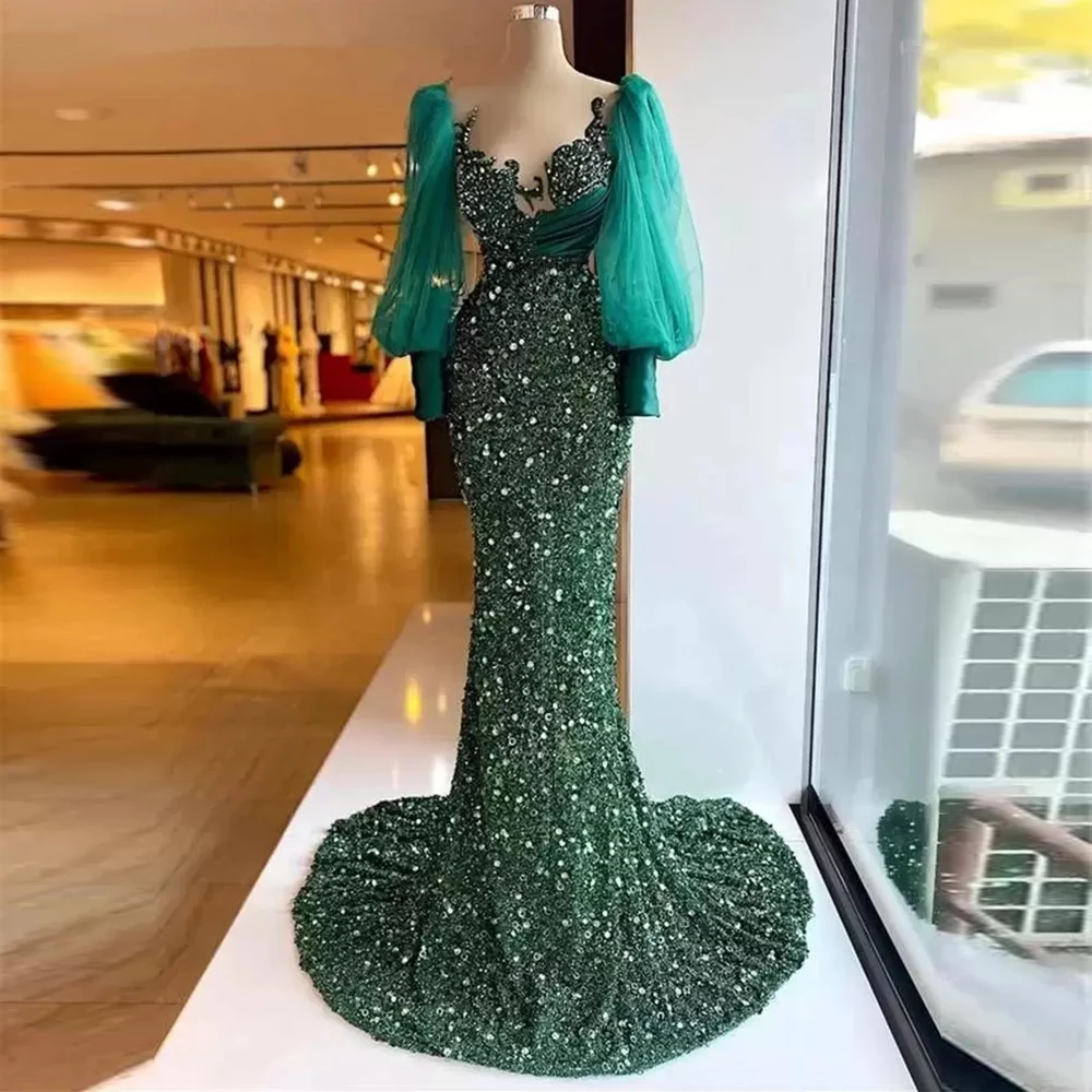 

Elegant Mint Green Mermaid Prom Dresses Sweetheart Neck Full Sleeves Long Evening Party Gowns With Crystal vestidos de fiesta