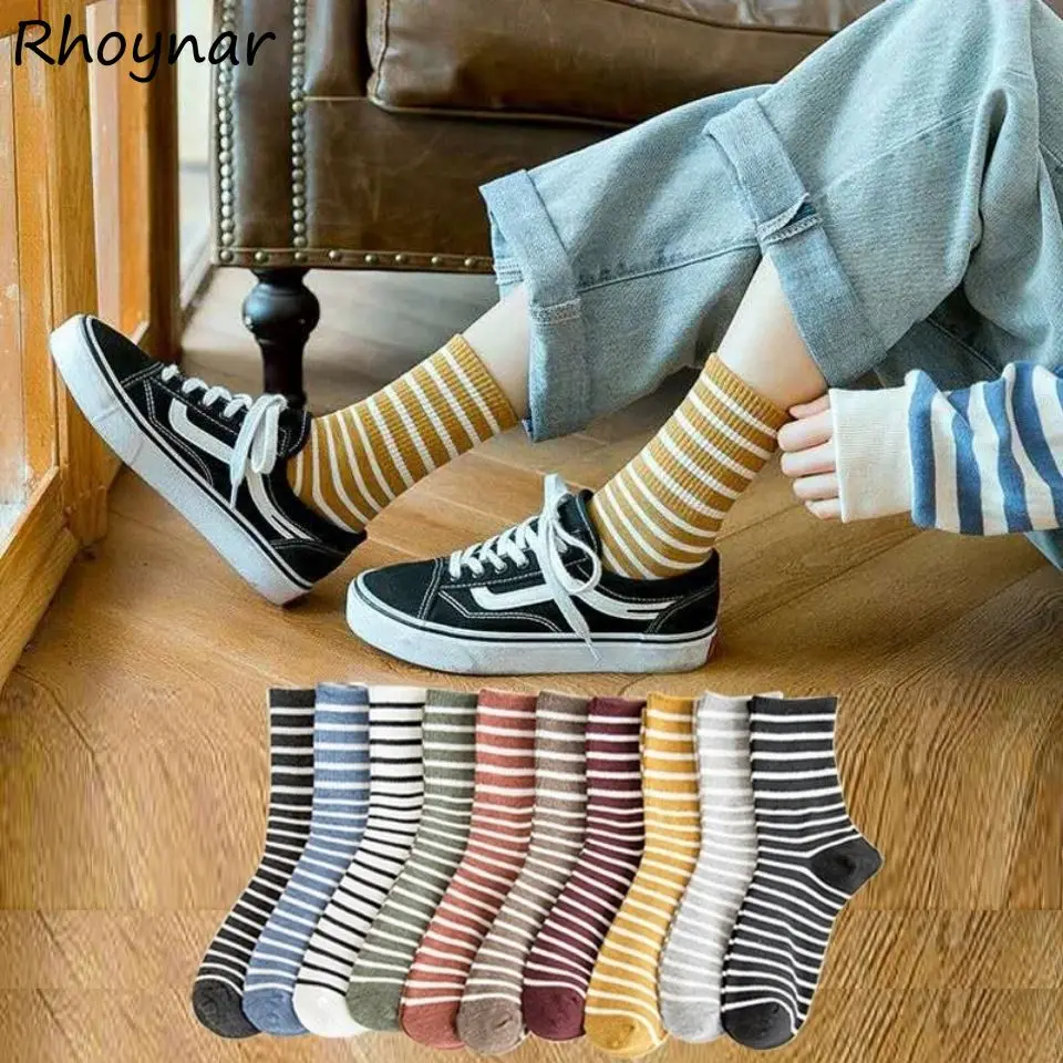 Socks Women Striped Japanese Cute 5 Pairs Thick Elasticity Simple Candy Colors Leisure Daily All-match Hot Sale Winter Fashion