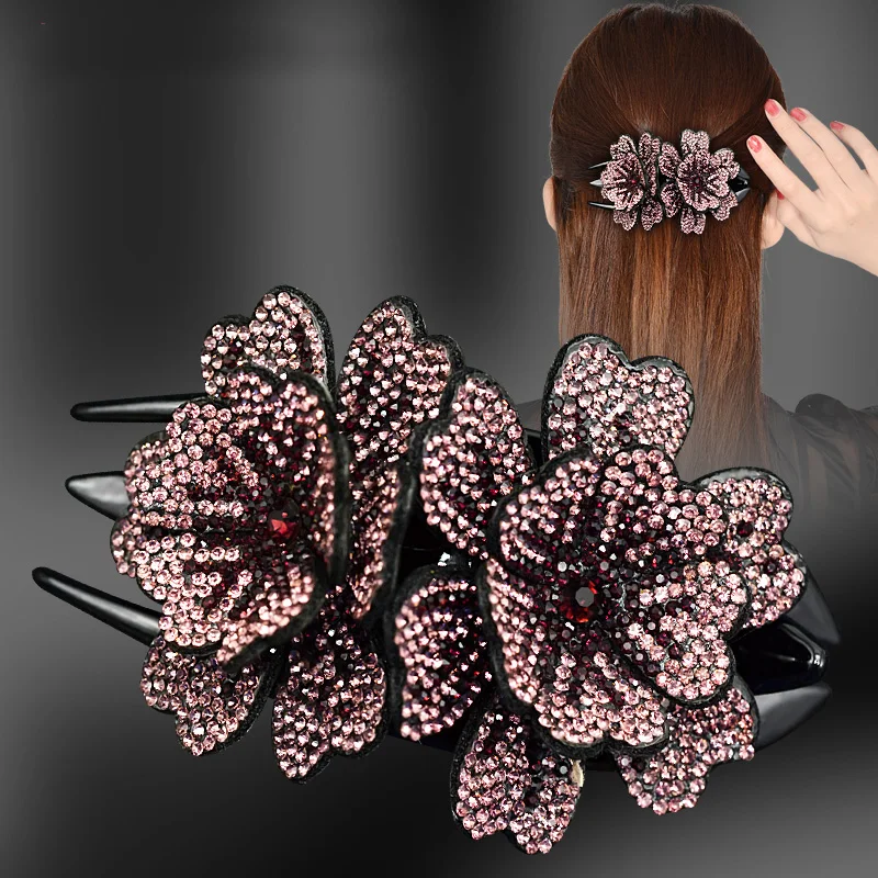 AWAYTR Female Large Rhinestone Double Flower Hair Claw Duckbill Clip Headdress Hairpin Plate Hair Grab Fashion Hair Accessories