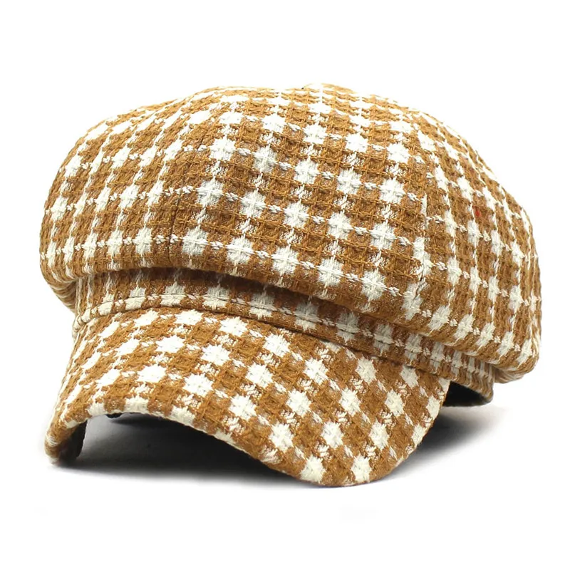 Cotton Women Plaid Duck Tongue Beret Simple Casual Octagonal Cap Autumn and Winter Joker Painter Hat 13