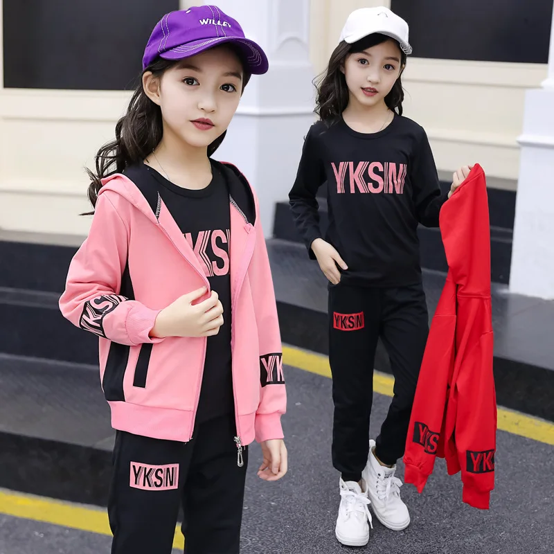 Tuta sportiva per ragazze 3 pz/set abbigliamento per bambini felpa con cappuccio in cotone + t-shirt + pantaloni tuta per bambini per ragazze 5 6 7