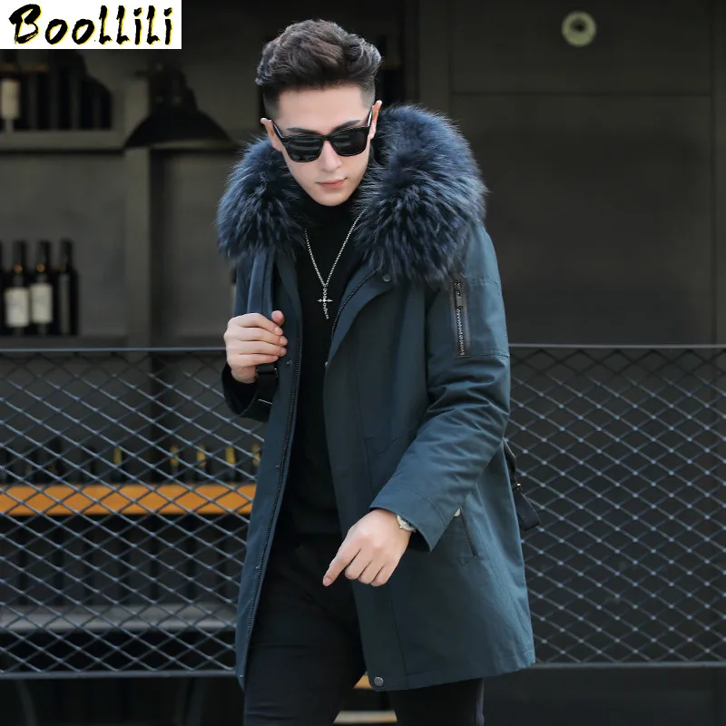 

Men Parka Boollili Real Fur Coat Warm Rex Rabbit Fur Liner Long Coat Men Racoon Fur Collar Male Jacket