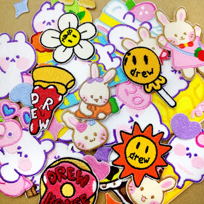 Flower Rabbit Pizza Stick-On Patches Cloth Mend Decorate Clothes Apparel Sewing Decoration Applique Badges Patch Lollipop