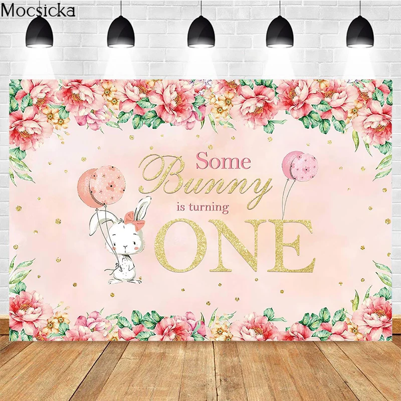 

Girl 1st Birthday Photography Background Bunny Balloon Flowers Decoration Props Child Portrait Birthday Party Backdrop Banner