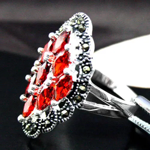 

Pretty Art 12X24mm 925 Sterling Silver Red Gem Marcasite Ring Size 7/8/9/10