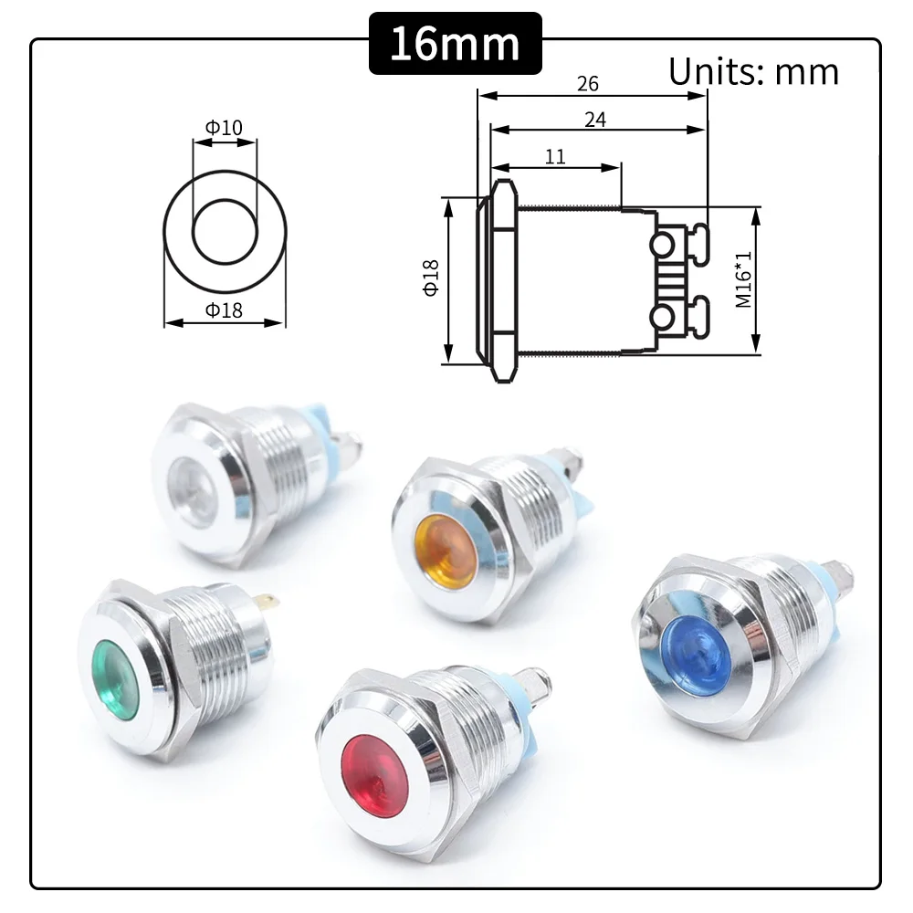 16mm LED Metal Indicator Lights Round LED Flat Head Signal Pilot Lamp Screw Terminal 12V 24V 220v Machine Indicator Light