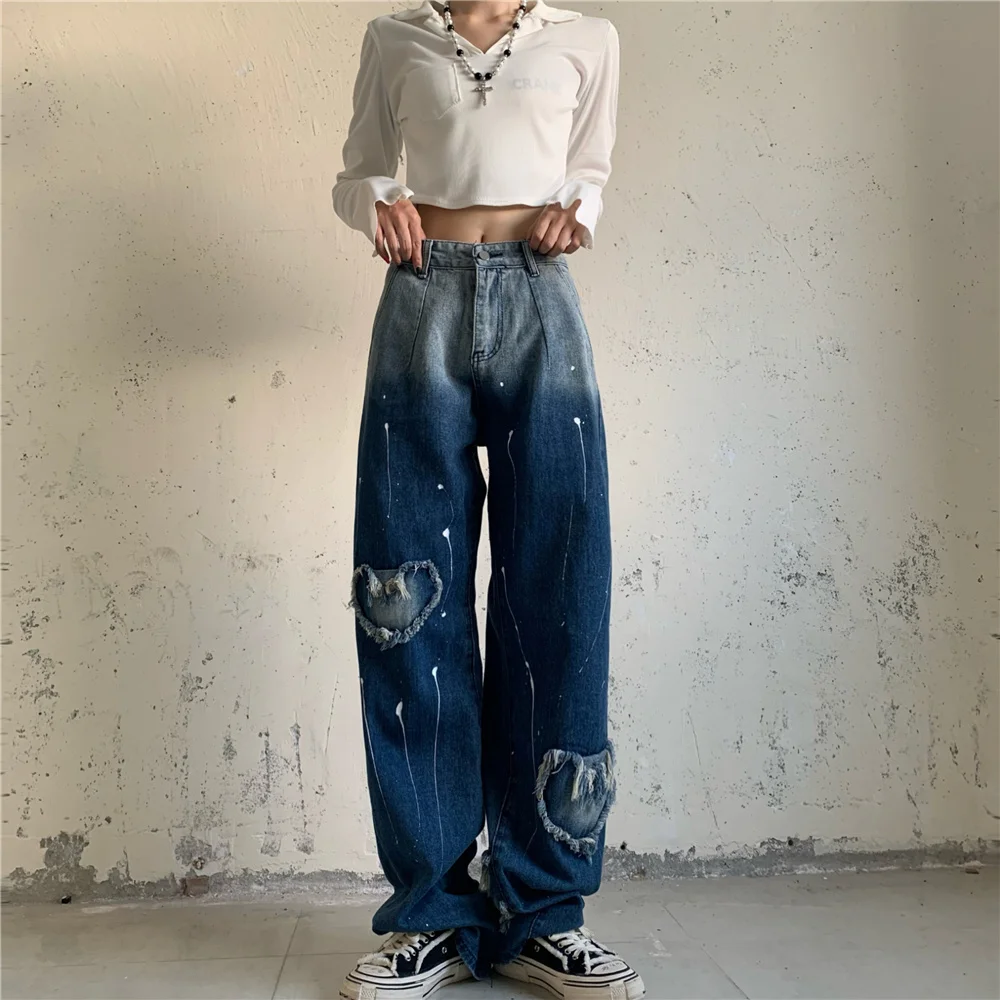 Jeans Pants Women's Autumn Design Straight Pants Jeans Loose Wear Out Denim Wide Leg Pants For Female