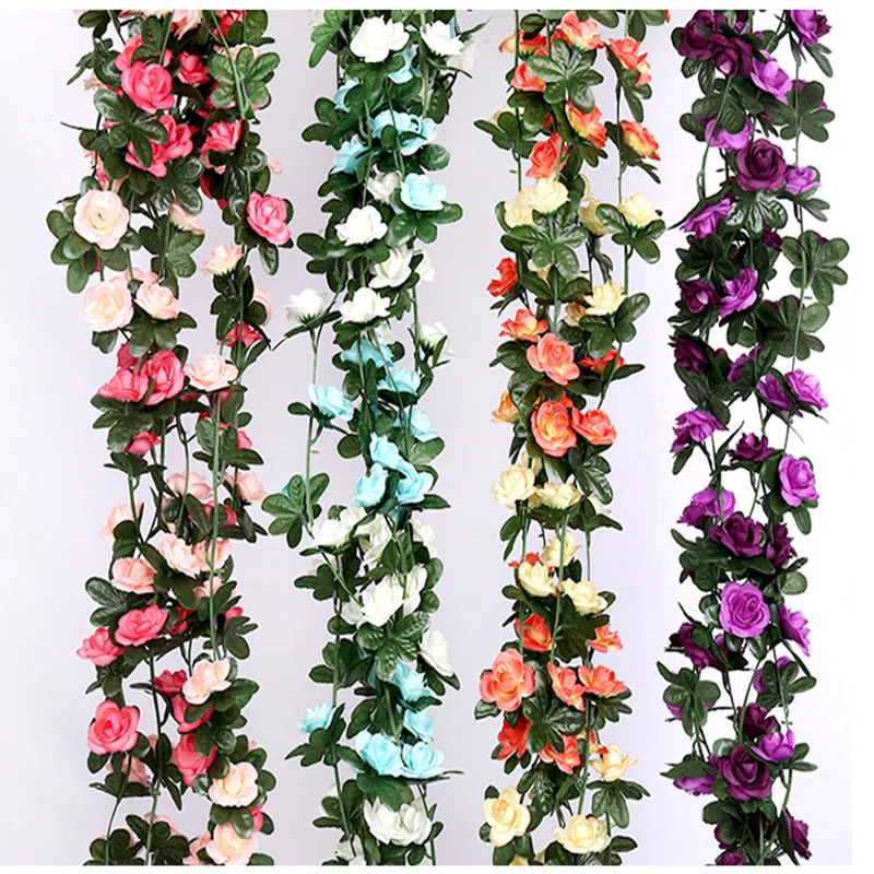 250 cm / 99 inch 45 flowers silk roses wedding decoration ivy vine artificial flowers arched decoration with green leaves wall h