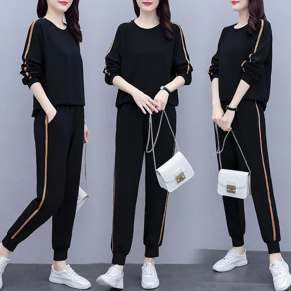 In Stock 2020 Slim Black Hoodies Women Set Stripe Side Casual Two Piece Set Women Zipper Long Hooded Sweatshirt + Pant 3xl