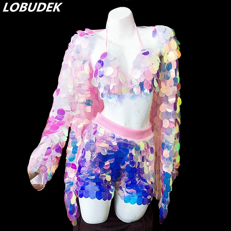 

Customized Women Stage Costume (Bra+Shorts+Coat) Pink-Purple Sequins 3-Pieces Set Singer Dancer Dance Outfit Nightclub Clothing