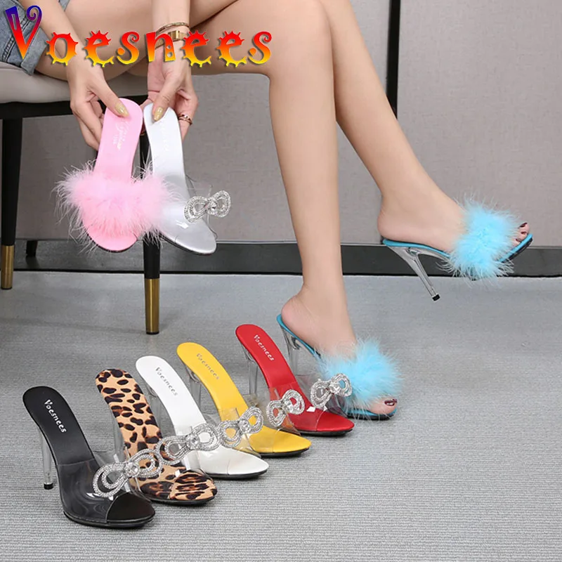 Transparent Fur Slides Women Shoes 2021 New Design Summer Fluffy Feather Stiletto Shoes 11CM Sexy Transparent PVC Jelly Sandals