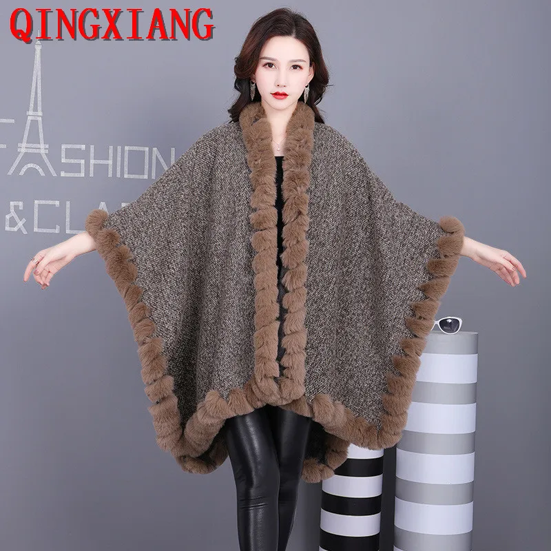 

Women Winter Thick Shawl String Faux Fur Open Stitch Loose Poncho Big Pendulum Capes Cloak Black Coat With Velvet Lining Warm