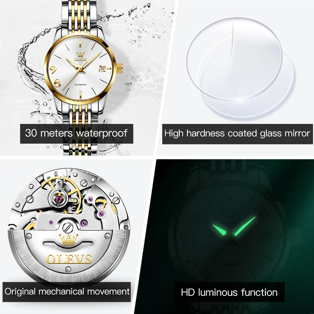 OLEVS Automatic Watch for Women Waterproof Stainless Steel Mechanical Watches Luxury Dress Self Wind Wristwatch Relogio Feminino