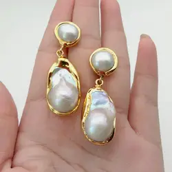 White Keshi Pearl Gold color Plated Stud Earrings Nucleated Flameball Baroque Pearl earrings luxury wedding for women