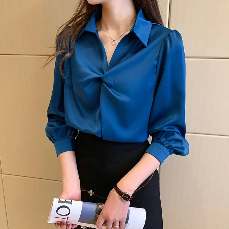 

Real Satin Silk Blouse Women Vintage Top Elegant Twist Wrap Front Design Shirt Office Lady Long Puff Sleeve Sexy Fashion Camisa