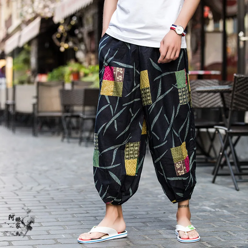 Baggy 100% Cotton Linen Harem Pants Men Hip Hop Ethnic Thailand Hawaii Trousers Loose Vintage Long Pants Pantalon Hombre