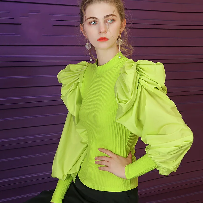

2020 Spring New Women Sweaters and Pullovers Court Sleeve Knit Shirt Ruched Furit Green Spliced Shirts