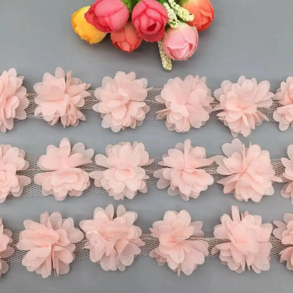 1 Yard Pink 3D Flower Lace Trim Ribbon Fabric Bride Wedding Dress Child Clothes Applique DIY Handmade Trimmings Hat Sewing Craft