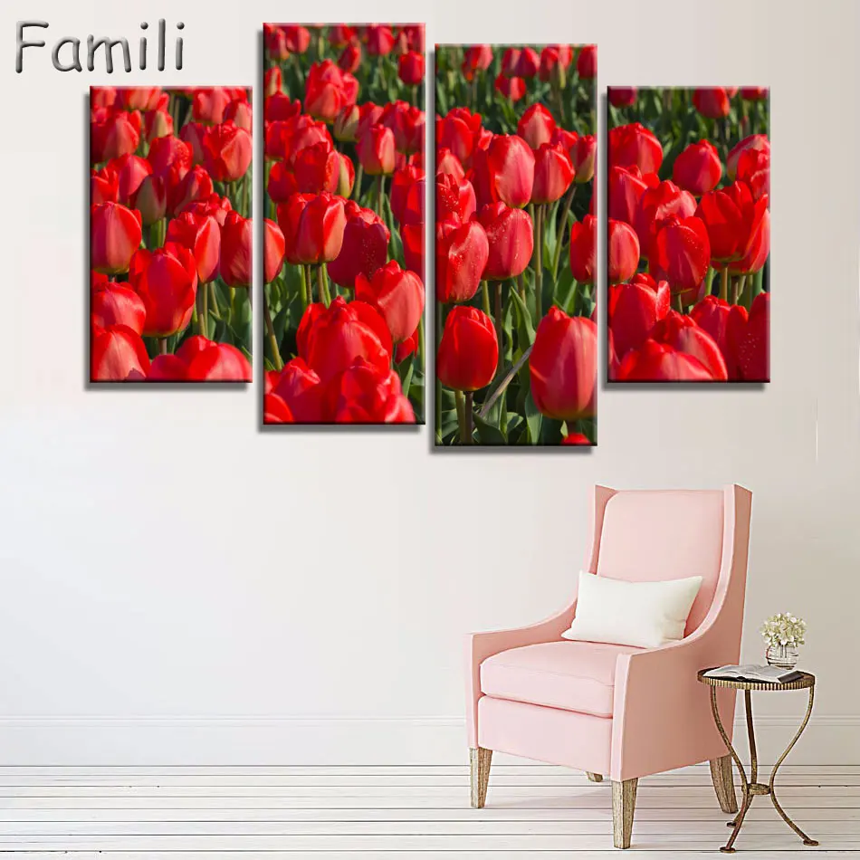 No Frame pictures 4PCS Modular Wall Picture Art Painting Of Roses Tulips Print On Canvas Paintings Posters Living Room Bedroom