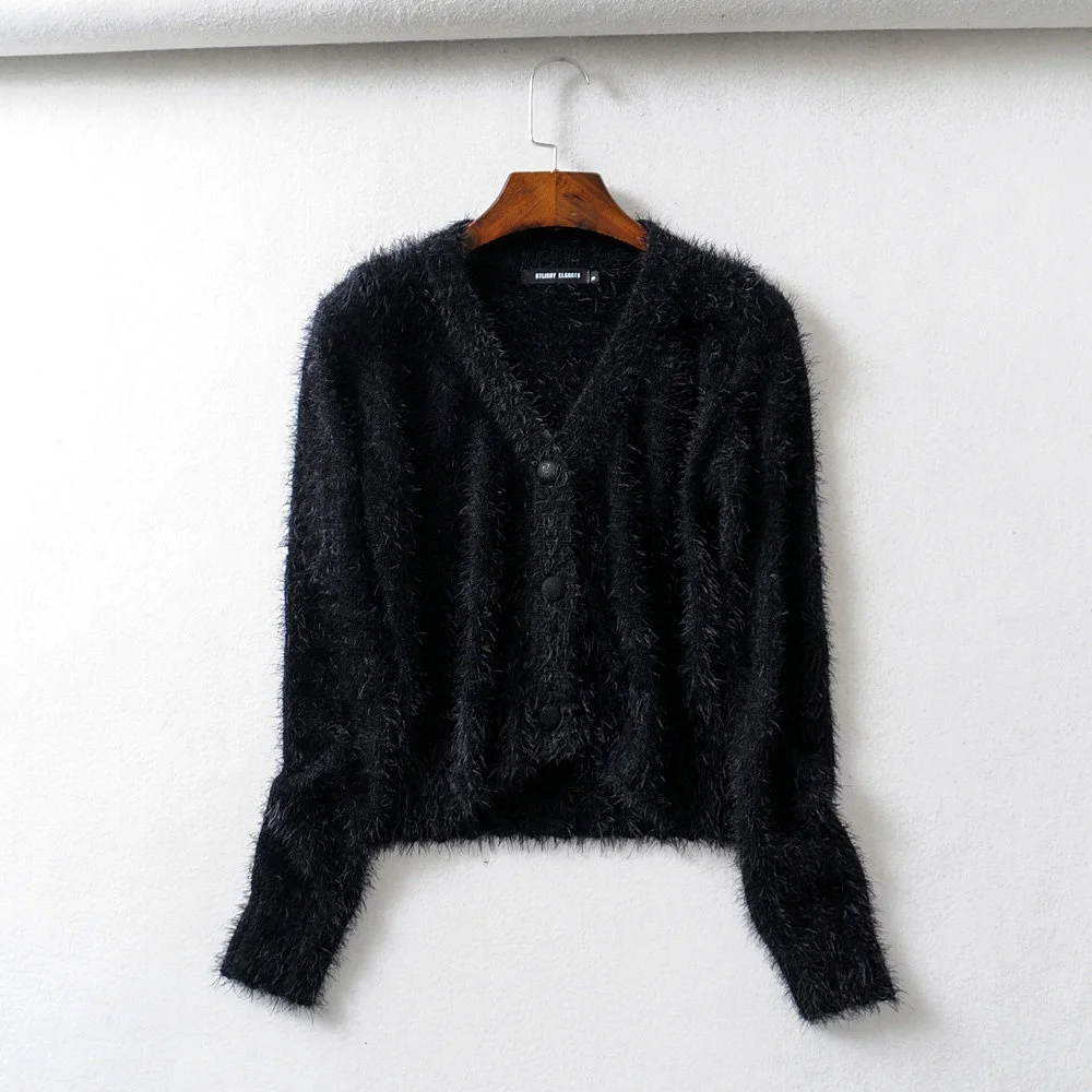 Fall Long Sleeve Top Vintage Knit Sweater Korean Style Cropped Cardigan V Neck Mohair Cardigan Preppy Furry Cardigan White Black