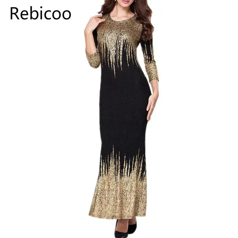 Autumn Winter Elegant Black-Gold Color Maxi Dress Women Elastic Slim Three Quarter Sleeve Long Dress  robe femme