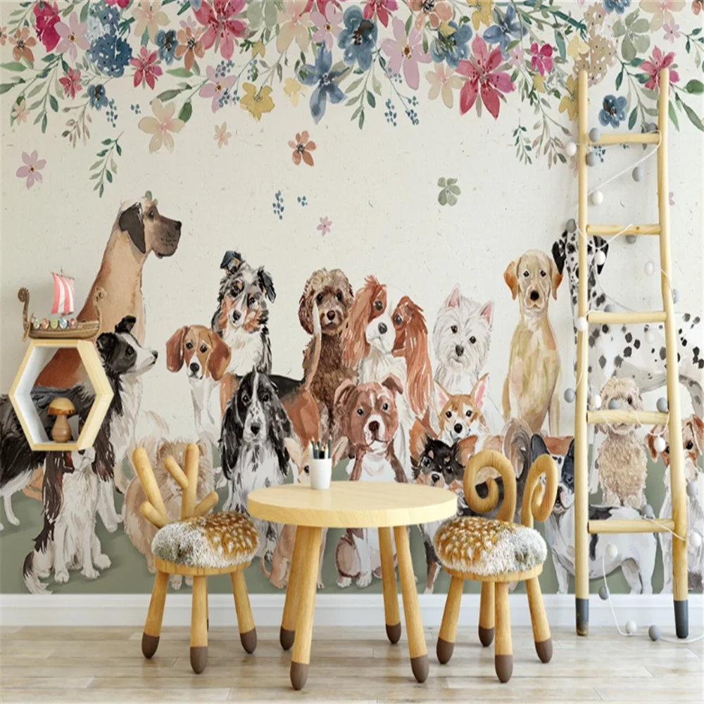 Customized 3D printed wallpaper, healing watercolor style cute pet flower themed children's room mural