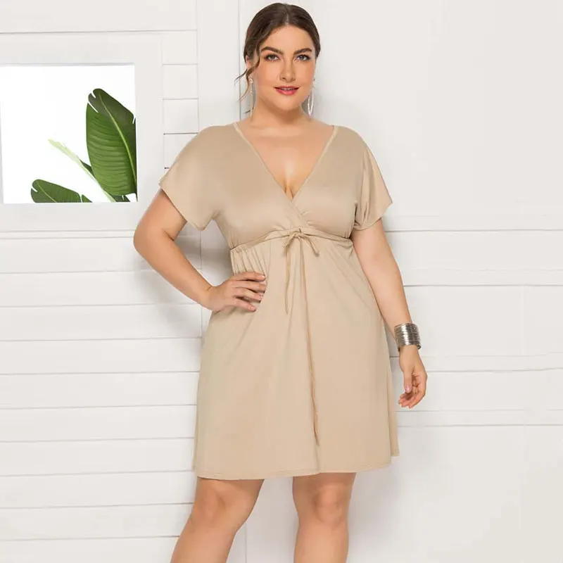 PLUS SIZE V Neck Short Sleeve Mini Dress Women Sundress Sexy Elastic Waist Frenulum Dresses Casual Loose Pullover Clothing