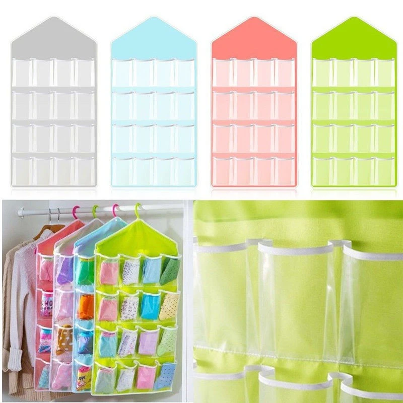 16 Pockets Clear Hanging Bag Socks Tie Bra Underwear Rack Hanger Storage Organizer Foldable Wardrobe Wall Door Back Hanging Bags