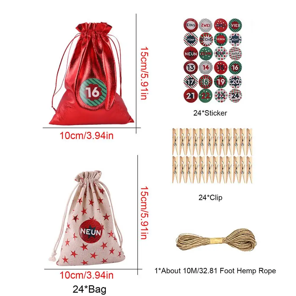 クリスマスカレンダーカウントダウンジュートキャンディーバッグ巾着リネンバンドルポケットDIYクリスマスadventalenadiesギフトバッグ24個セット